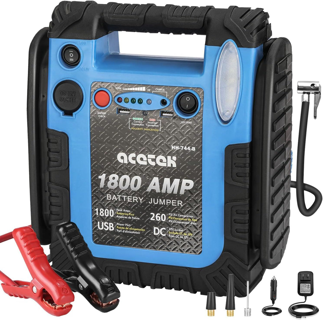 1800 Amp Jump Starter with Air Compressor, acetek Car Battery Jump Starter 260 PSI Tire Inflator, 20000 mAh 12V Auto Lead-Acid Battery Booster (Up to 6L Gas or 6L Diesel Engine) with LED Light & USB