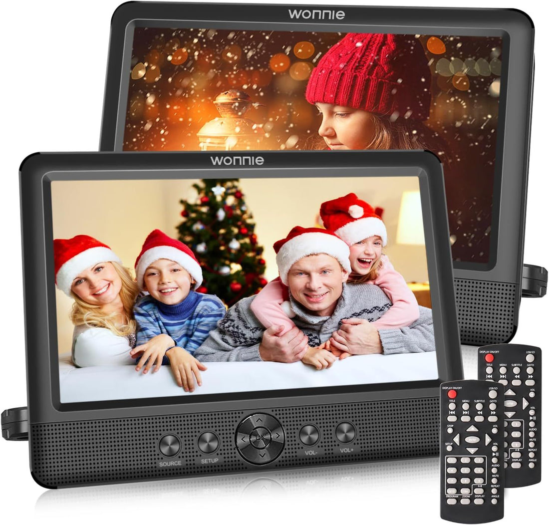 WONNIE 10.5 Two DVD Players Dual Screen for Car Portable CD Player, Play a Same or Two Different Movies with Two Mounting Brackets, 5-Hour Rechargeable Battery, Support USB/SD Card Reader