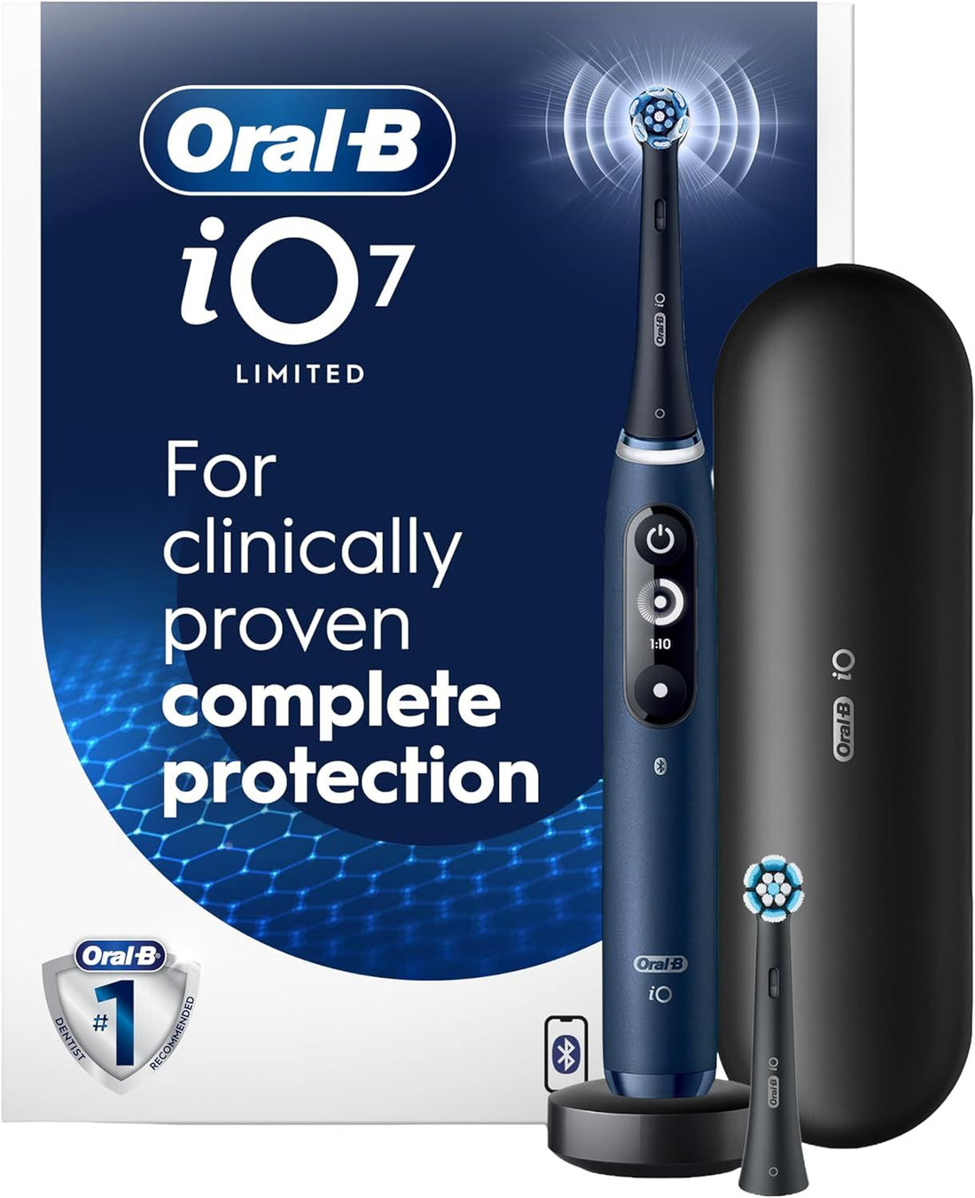 Oral-B iO Electric Toothbrush, Deep Clean + Protect, Rechargeable, Sapphire Blue with Visible Pressure Sensor, 5 Cleaning Settings, 2 Min Timer, a iO Series 7 Toothbrush, 2 Replacement Brush Heads, and Charging Travel Case