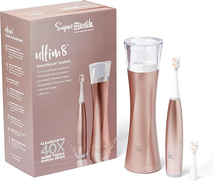 SuperMouth¬Æ ULTIM8 SmartBrush‚Ñ¢ System - Electric Toothbrush, Patented SuperBristles¬Æ Clean 40X Better, UV Sanitizing & Drying SmartHub¬Æ, Dual Sonic Modes, Pressure Sensor - Teens & Adults - Rose Gold