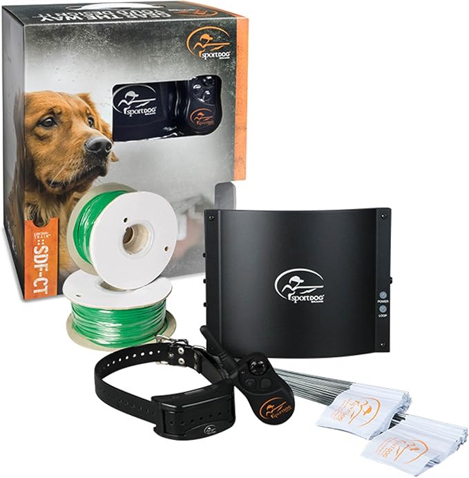 SportDOG Brand Contain + Train System - In-Ground Fence Kit with Remote Trainer - Waterproof, Rechargeable Collar with Tone, Vibrate, and Shock - Expandable to Multiple Dogs