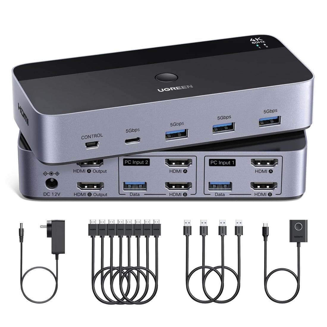 UGREEN 4K@60Hz HDMI KVM Switch 2 Monitors 2 Computers, with 4 USB 3.0 Ports for 2 Computers Sharing 2 Monitors Keyboard Mouse Printer with 4 HDMI Cables, 2 USB Cables, Power Adapter and Controller