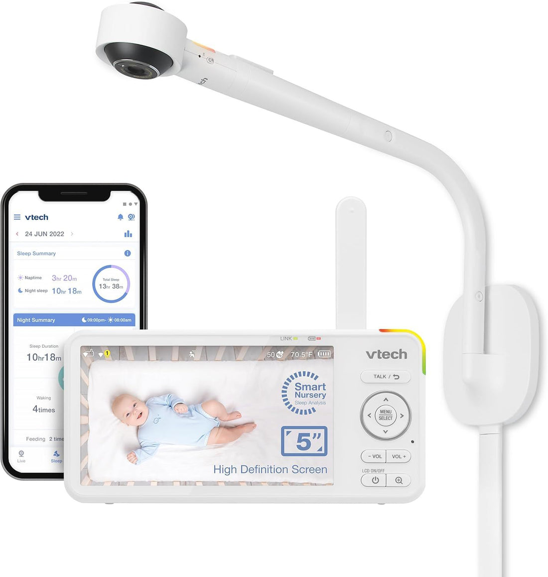 VTech VC2105 1080p FHD WiFi Smart Baby Monitor with 5 720p HD LCD Screen. Over-The-Crib, Remote Access, Intelligence Built-in, Sleep Analysis, Rollover & Face Cover Detection, 18 hrs Recording