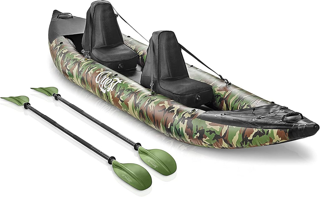SereneLife 2 Person Inflatable Kayak - Double Kayak with Aluminum Paddles, Repair Kit - Lightweight, Portable Adult Kayaks with High-Output Pump - Durable Vinyl Kayak for Lake, Mild River – Camo