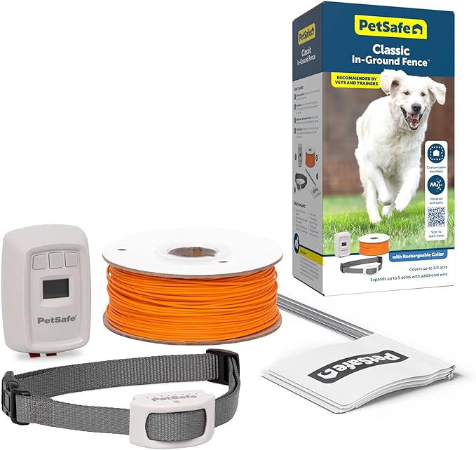 PetSafe Classic In-Ground Fence In Ground Cat Fence, Underground Dog Fence System Expandable Up to 5 Acres, Digital LCD Screen, 8 Different Collar Settings, Invisible Dog Fence