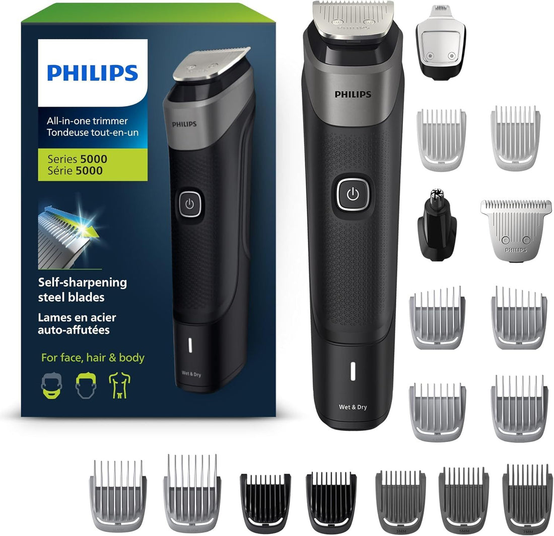 Philips Multigroom 5000 Series, All-in-One Shaver, Beard Trimmer and Hair Clipper, 20-Piece Men\'s Grooming Kit for Beard, Face, Hair and Body, No Blade Oil Needed, Model MG5910/28