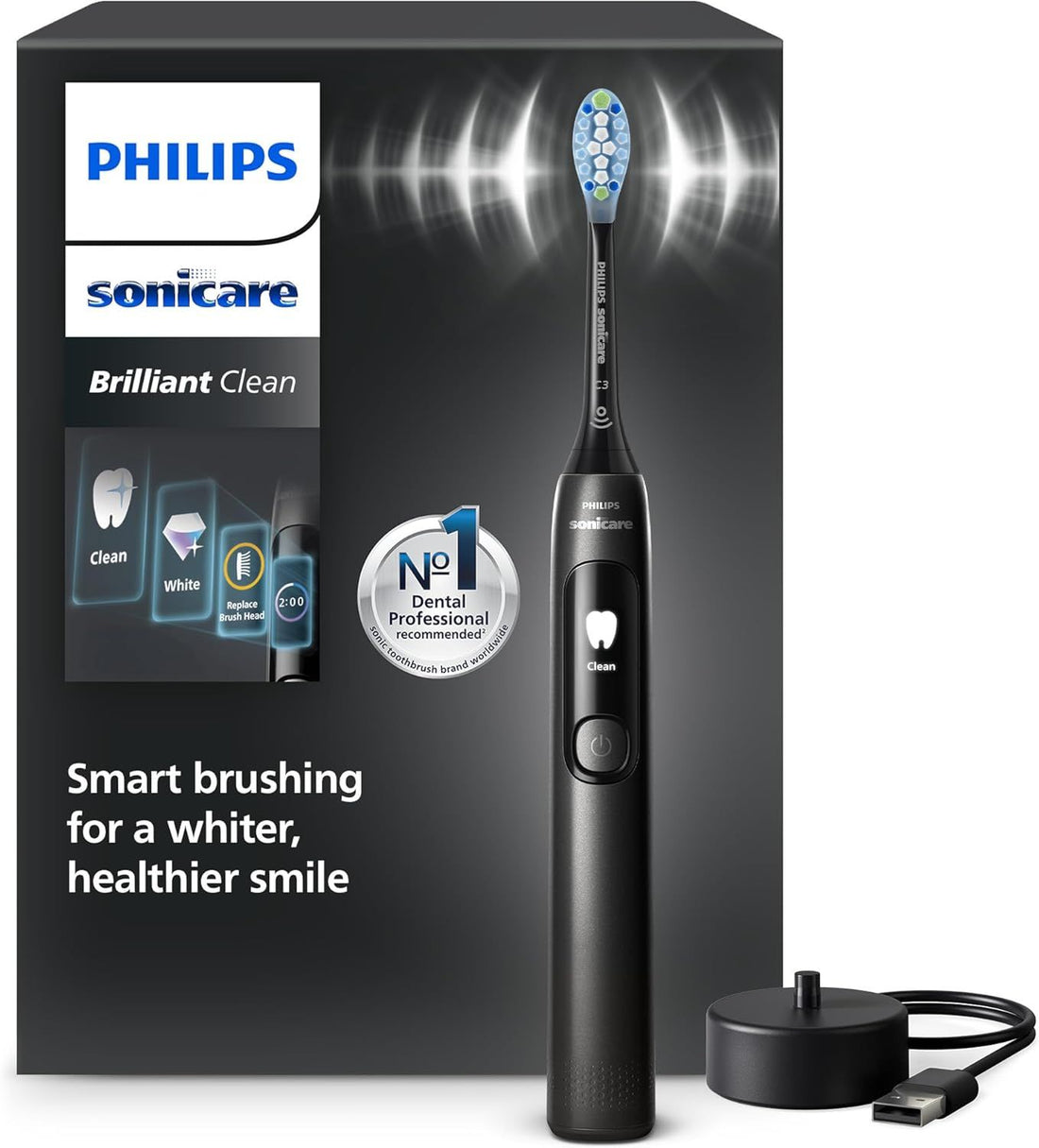 Philips Sonicare Brilliant Clean Electric Toothbrush - Smart Screen, Brush Head Replacement, 2 Brushing Modes and SmarTimer, Black, Model HX3792/21