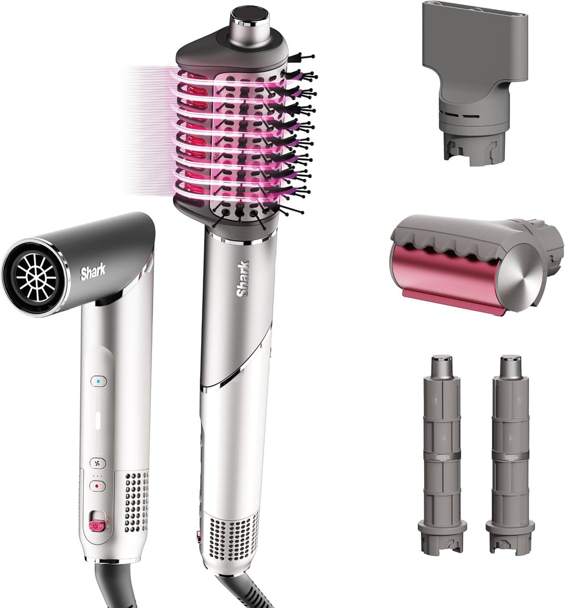 Shark FlexFusion Luxury Air & Ceramic Styling Hair Dryer System with Wet or Dry Fusion Brush, Auto-Wrap Curlers, and FrizzFighter Finishing Tool, Metallic Mist, HD641