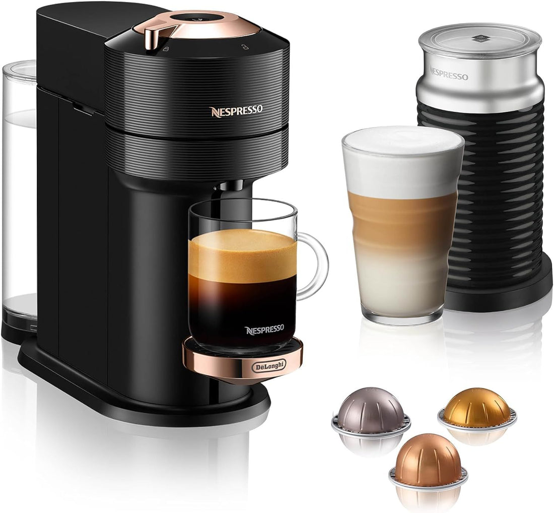 Nespresso Vertuo Next Pod Coffee & Espresso Machine Black with Milk Frother | By De\'Longhi. Centrifusion technology, full range from espresso to sharable Carafe, up to 7 cup sizes. Milk Frother incl.