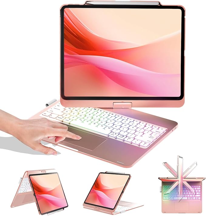BABG Keyboard Case for iPad Air 13 inch(M3/M2)&iPad Pro 13, iPad Pro 12.9(6th/5th /4th/3rd Gen) Case with Keyboard,360¬∞ Rotatable,Toupad,Backlits,Pencil Charging-Rose Gold