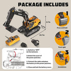 Remote Control Heavy Duty Excavator Toys for Boys, 3 in 1 RC Excavator with Metal Bucket, Rock Breaker and Grapples, 680° Rotatable Lights Sounds RC Construction Vehicle Toys for Boys