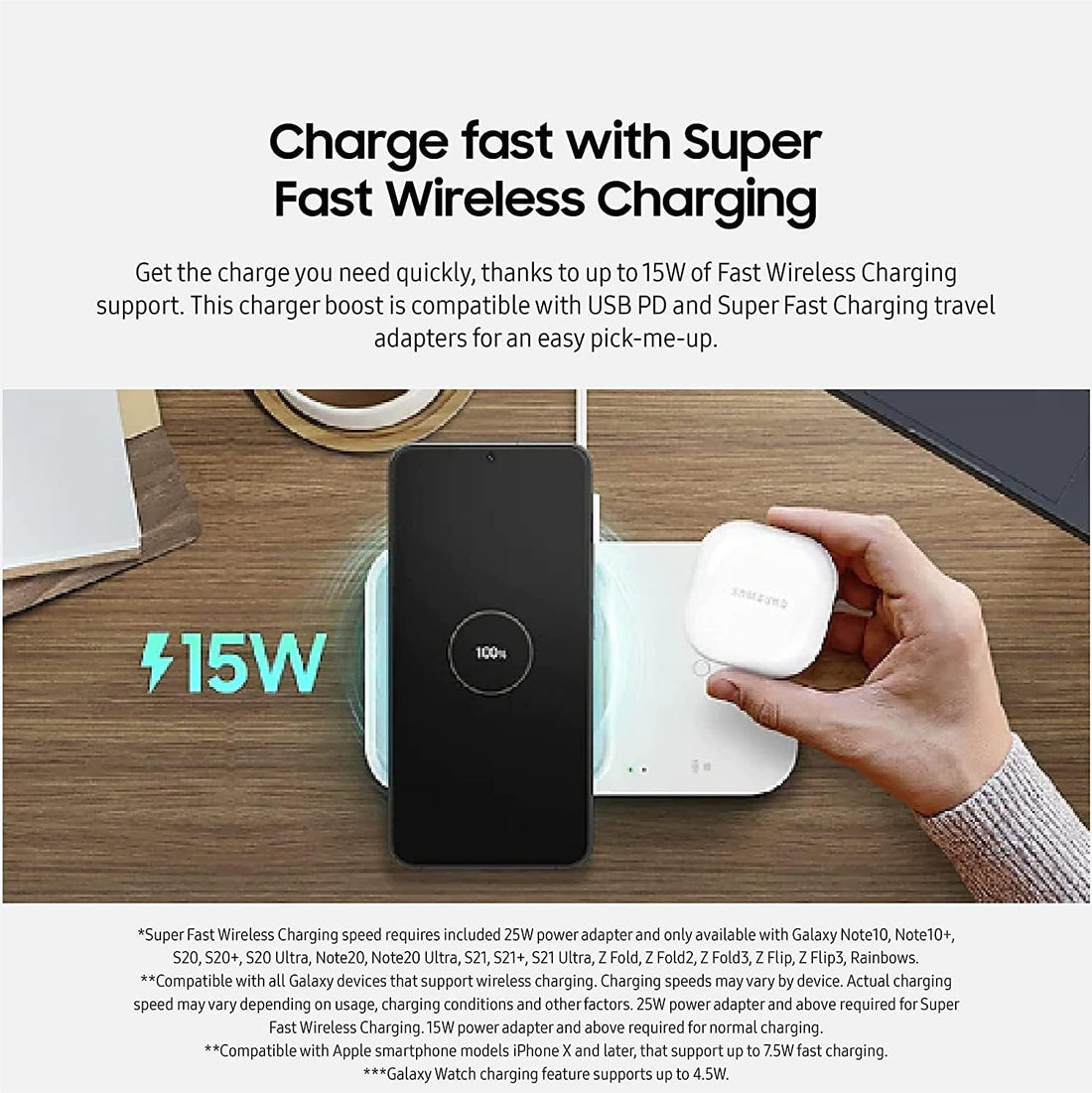 SAMSUNG 15W Wireless Charger Duo w/USB C Cable, Fast Charge 2 Devices at Once, Cordless Charging Pad for Galaxy Phones and Devices, 2022, includes Microfiber Cleaning Cloth - white