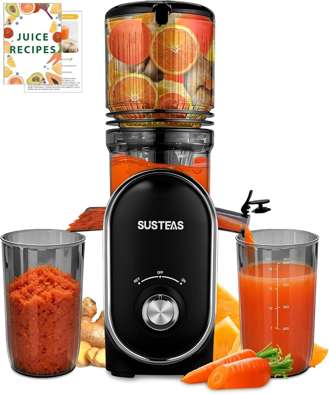 SUSTEAS Cold Press Juicer, 300W, 5.3 Large Feed Chute, 1.5L Capacity, Automatic Feeding, High Yield, Easy to Clean, Ideal for Whole Fruits & Vegetables, Black