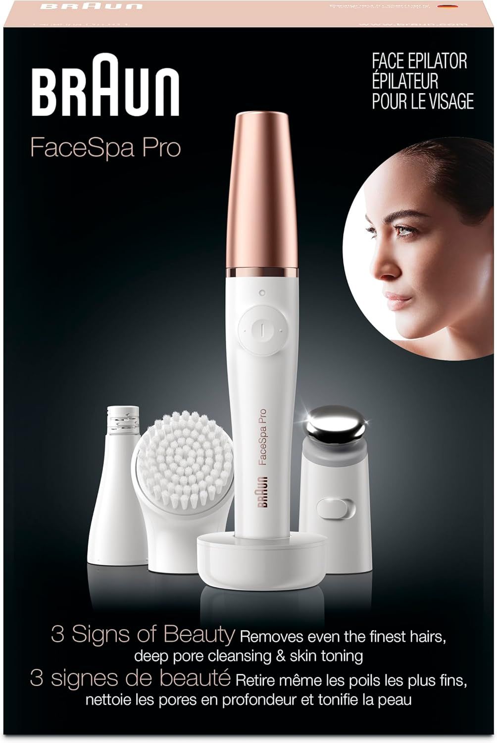 Braun 3-in-1 Facespa Pro Facial Epilator Series 911 with Cleansing Brush Head, Toning Head and Epilator Head