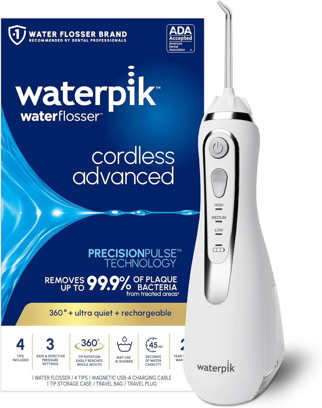 Waterpik Cordless Advanced 2.0 Water Flosser for Teeth, Gums, Braces, Dental Care with Travel Bag & 4 Tips, CDA Validated, Waterproof Rechargeable Handheld, White (1 Count) Gift for Men Women Mom Dad