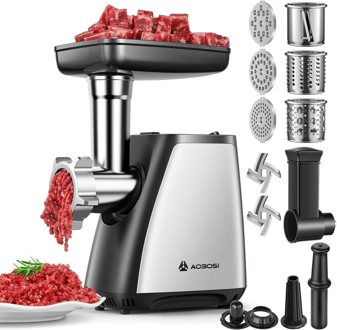 AAOBOSI Meat Grinder, 4-in-1 Meat Grinder Electric [2800W Max] with 3 Slice, Shred Blades,2 Blades,4 Plates,Sausage Stuffer,Kubbe Kit, for Home Kitchen Use, Stainless Steel