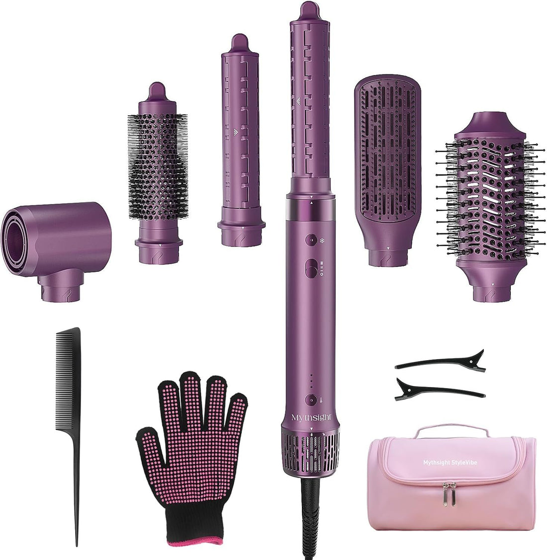 Mythsight StyleVibe 6-in-1 Hair Dryer & Blow Dryer Brush, Air Styler with Travel Bag, L/R Auto Wrap Curls, Fast Drying, Thermal Round Brush, Smooth Blowouts, Frizz-Free Volume, No Heat Damage