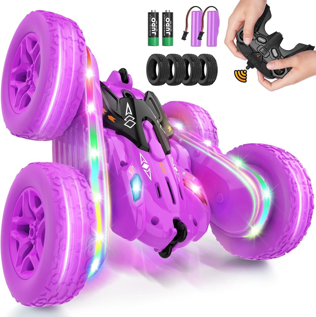 Remote Control Car,RC Cars with Sides Light Strip and Headlights,Double Sided 360 Flips Rotating RC Stunt Car,2.4Ghz All Terrain Toys for Ages 4-6 Kids Toy for Boy Girl Birthday Gift(Purple)