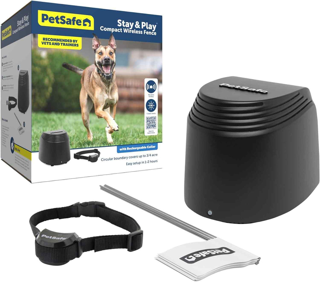 PetSafe Stay & Play Compact Wireless Fence, LCD Screen to Adjust The Circular Boundary, Secure up to a 3,000 Square Metre Area, Use for All Your Pets, Portable System