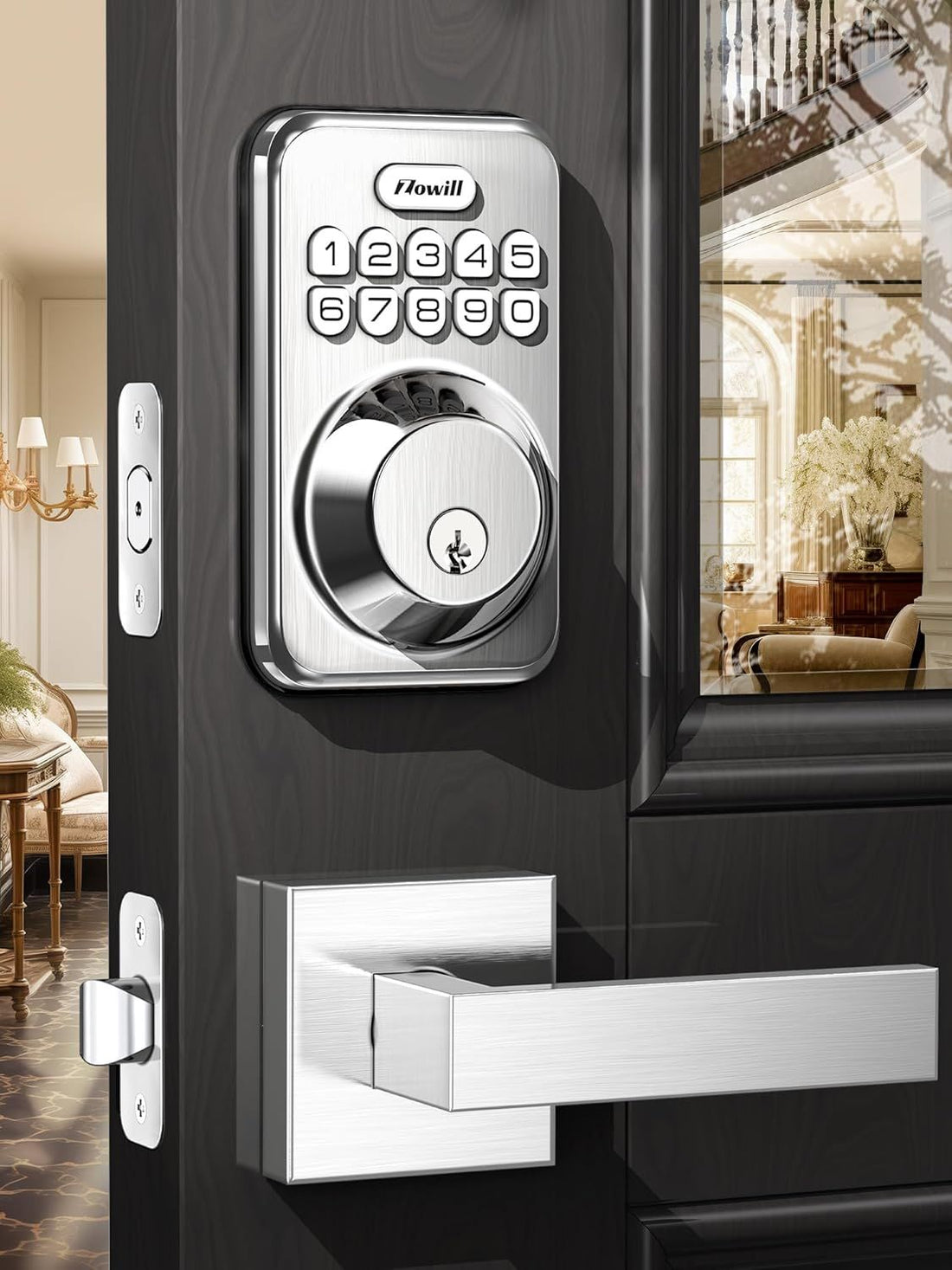 Zowill Keyless Entry Door Lock with 2 Handles, Electronic Keypad Deadbolt, Auto-Locking, Anti-Peeping Password, Digital Smart Code Door Lock, Front Door Handle Sets, Satin Nickel