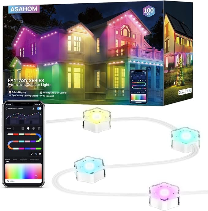 ASAHOM Permanent Outdoor Lights, 100ft Smart RGB Outdoor Lights Alexa with 70 Preset Scenes, IP67 Waterproof 72 LED Eaves Lights for Holiday Decor, Party, Daily Lighting, Smart APP & Voice Control