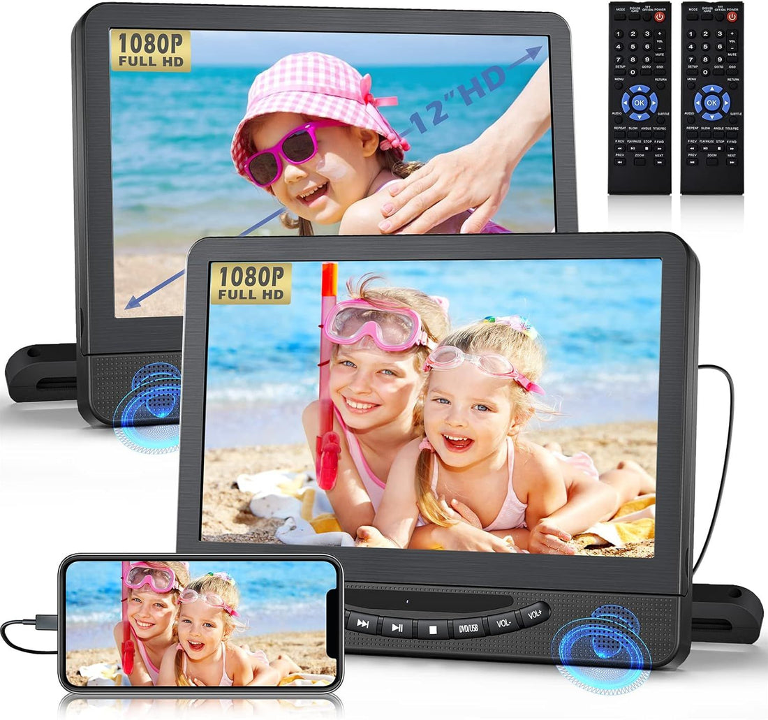 Dual Portable DVD Player for Car, 12 Full HD 1080P Car DVD Player Dual Screens, Headrest DVD Player HDMI Input/AV Output, USB/DVD Playback, Last Memory Function
