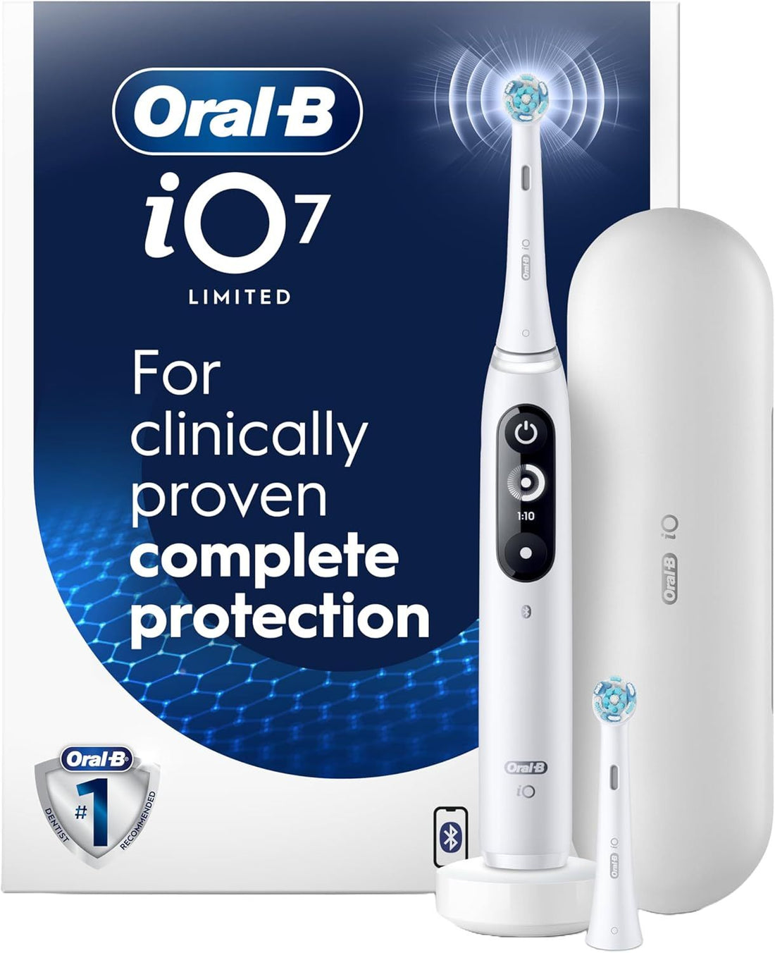Oral-B iO7 Electric Toothbrush, for Clinically Proven Complete Protection, White, iO Series 7 Limited with 1 Toothbrush, 2 Brush Heads, and 1 Charging Travel Case