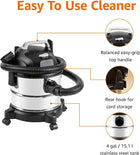 Amazon Basics Stainless Steel Tank 4 gallon, 3 HP Powerful Suction Wet/Dry Vacuum for Garage and Car, Grey/Black