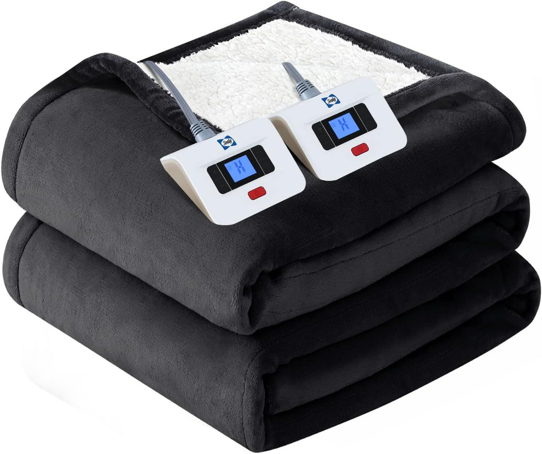 SEALY Electric Blanket King Size, Flannel & Sherpa Heated Blanket with 10 Heating Levels & 1-12 Hours Auto Shut Off, Fast Heating Blanket, Machine Washable, Grey, 100 x 90 Inch