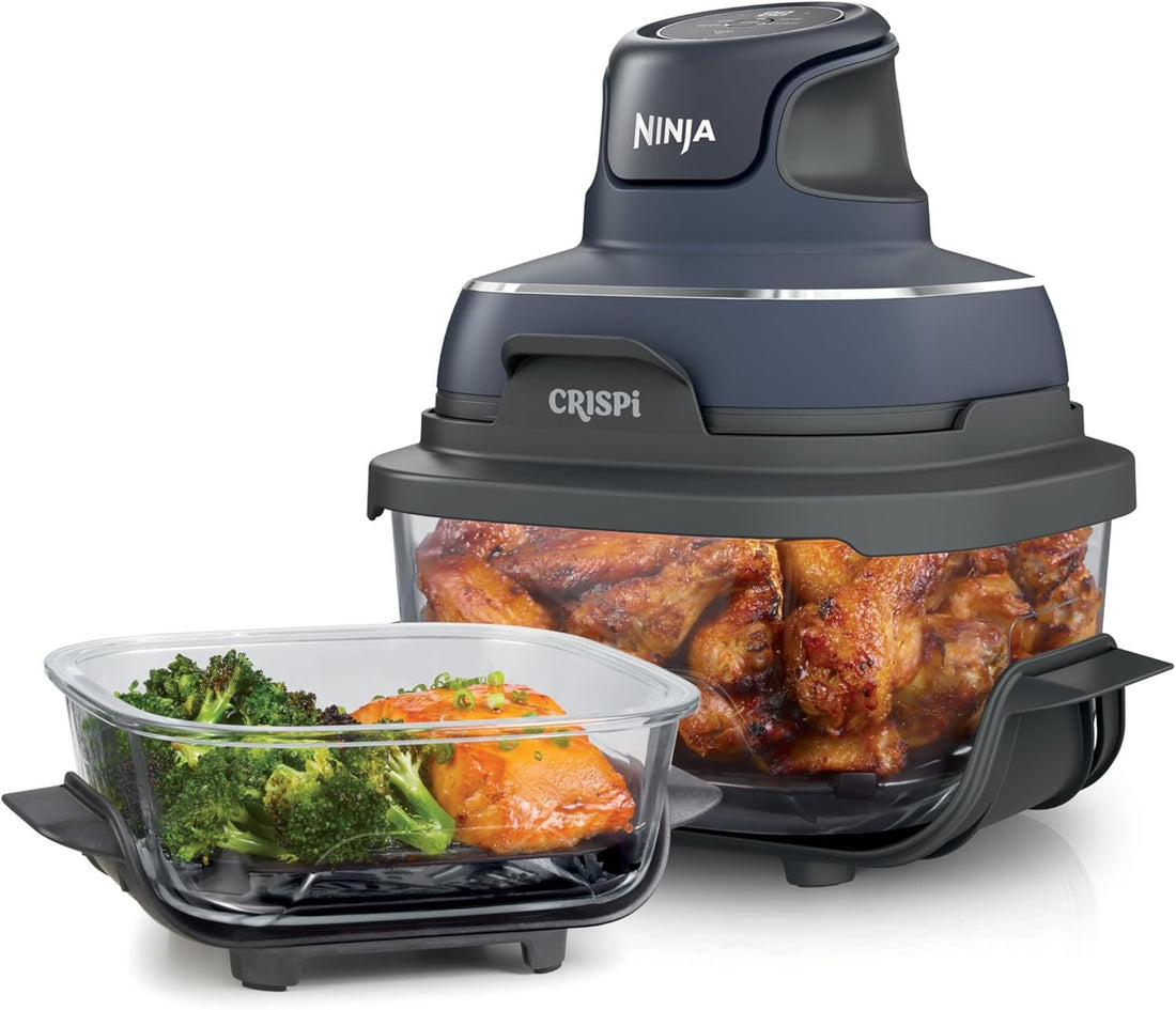 Ninja Crispi Glass Air Fryer, 4-in-1, Grey, FN101CGY | Max crisp, bake, air fry, recrisp, 450F/232°C max, 4 Qt/3.8L and 6 Cup containers, PFAS-free glass