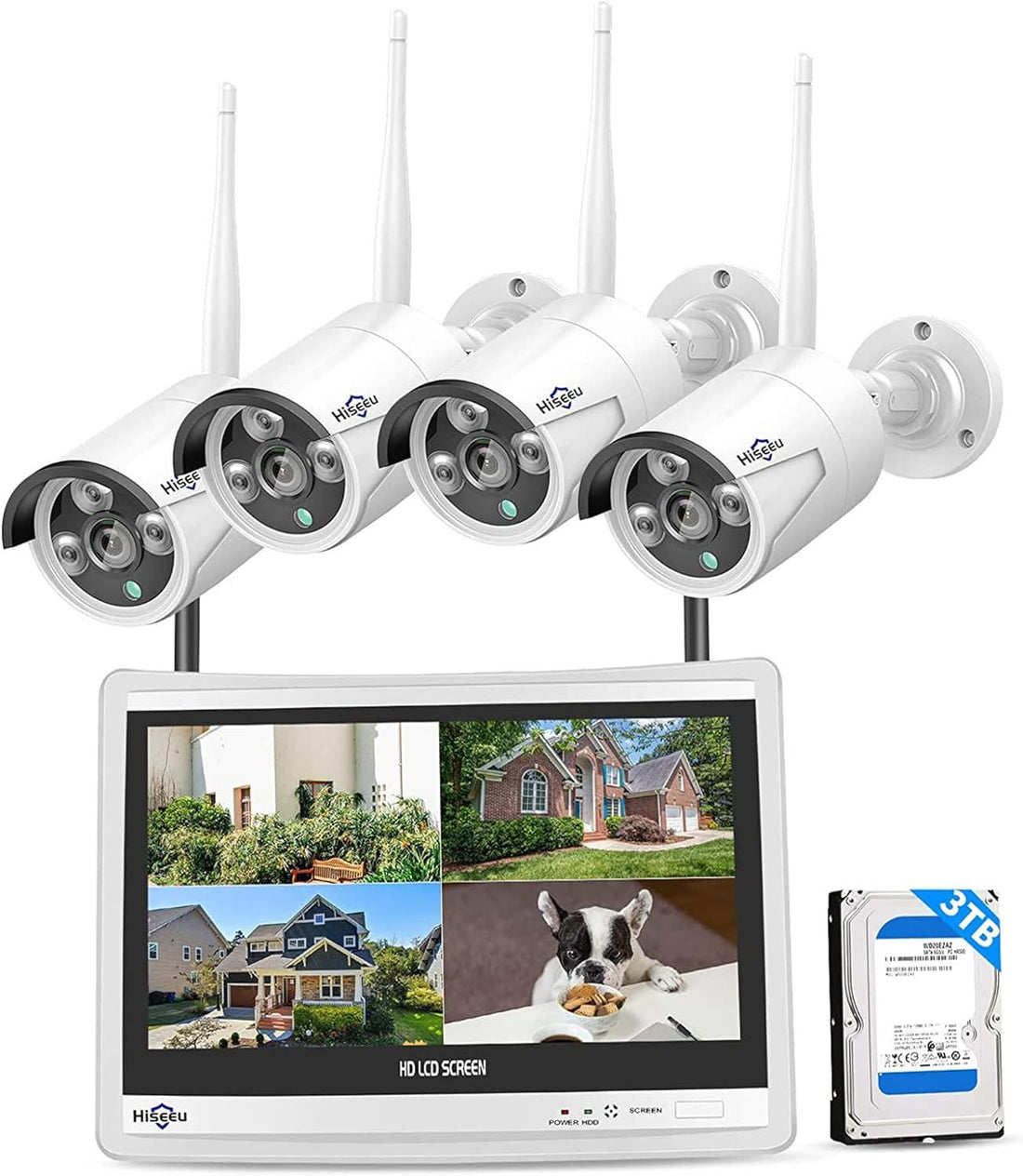[10CH Expandable, 5MP] Hiseeu All-in-One Security System with 12\ LCD Monitor, 3TB Hard Drive, Wireless 4K Dual WiFi NVR, 4pcs 5MP Outdoor Bullet Cameras, Night Vision, Waterproof for Home or Business