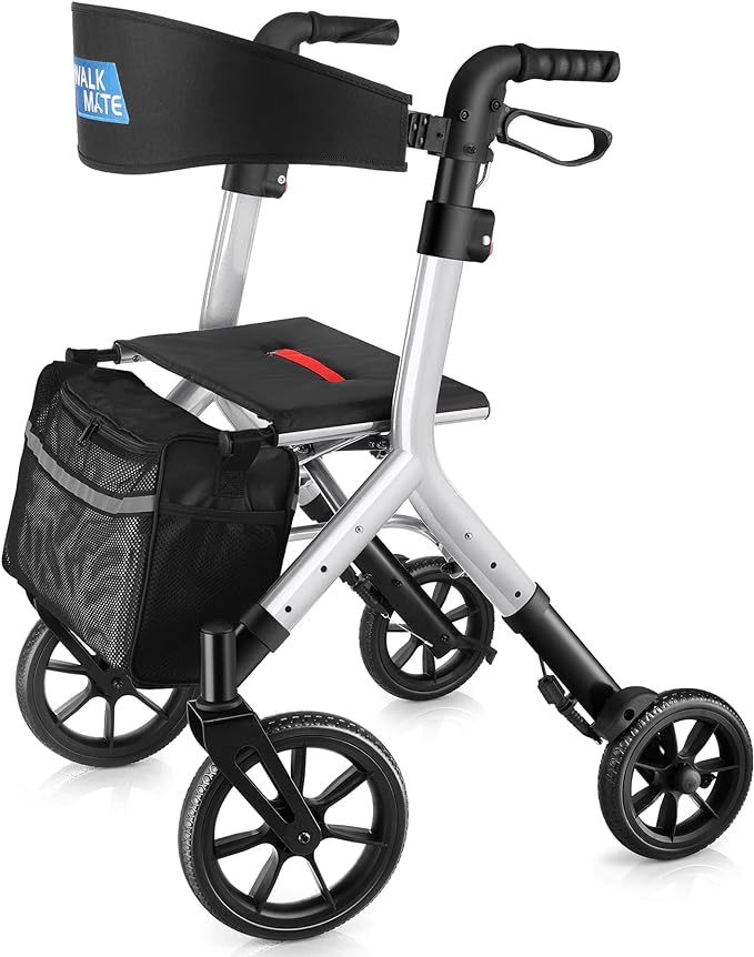 WALK MATE Rollator Walkers for Taller with Padded Widen Backrest Seat-10 Inch Front Wheels Wire-Hidden Rollator Walker for Seniors, Compact Folding Design Lightweight Mobility Walking Aid, Silver