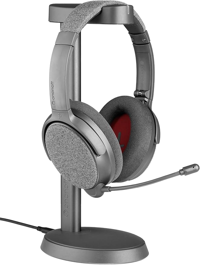 ONANOFF Fokus+ Hybrid ANC Noise Cancelling Bluetooth Headset, 50H Playtime, Included Headphone Stand Wirelessly Charges Your Headphone, Removable Boom Mic, for Home Office Work Travel (Dusk Grey)