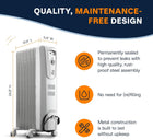 De\'Longhi Oil-Filled Radiator Space Heater, Full Room Quiet 1500W, Adjustable Thermostat 3 Heat Settings, Energy Saving, Safety Features, Light Gray, TRH0715CA