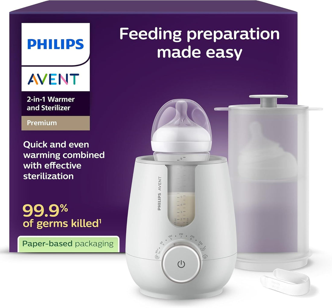 Philips Avent Premium 2-in-1 Warmer & Sterilizer - with Hospital-Standard Water Bath Technology, Smart Temperature Sensor, Hotspots Prevention, Chemical-Free Sterilization, with Tongs, Model SCF359/20
