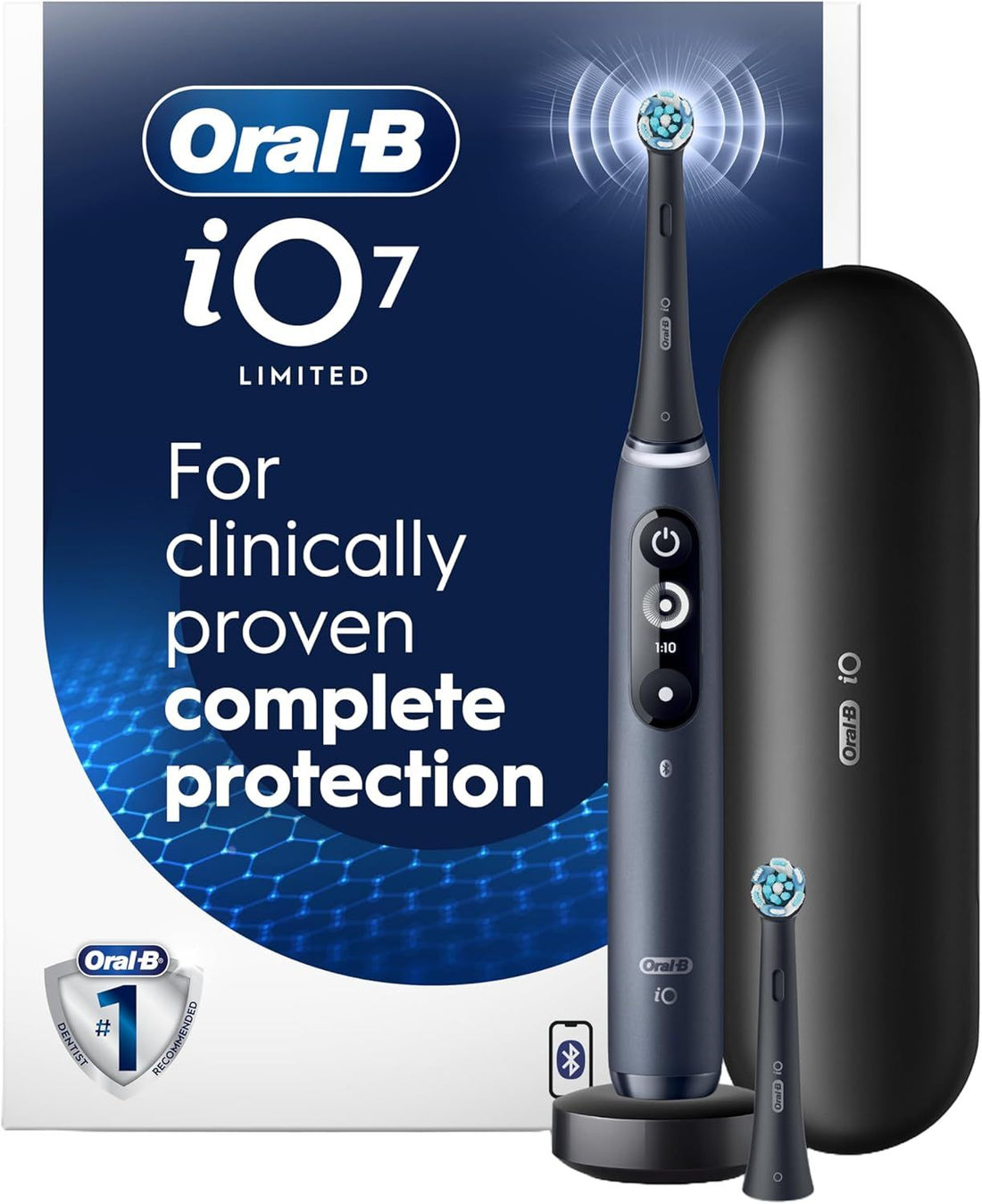 Oral-B iO7 Electric Toothbrush, for Clinically Proven Complete Protection, Black, iO Series 7 Limited with 1 Toothbrush, 2 Brush Heads, and 1 Charging Travel Case