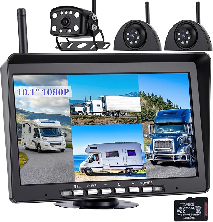 10.1 Wireless RV Backup Camera System, 1080P DVR Recording Monitor, Night Vision IP68 Waterproof Rear Side Cameras for Truck/Trailer/Camper, 32GB SD Card, Compatible with Furrion Mount