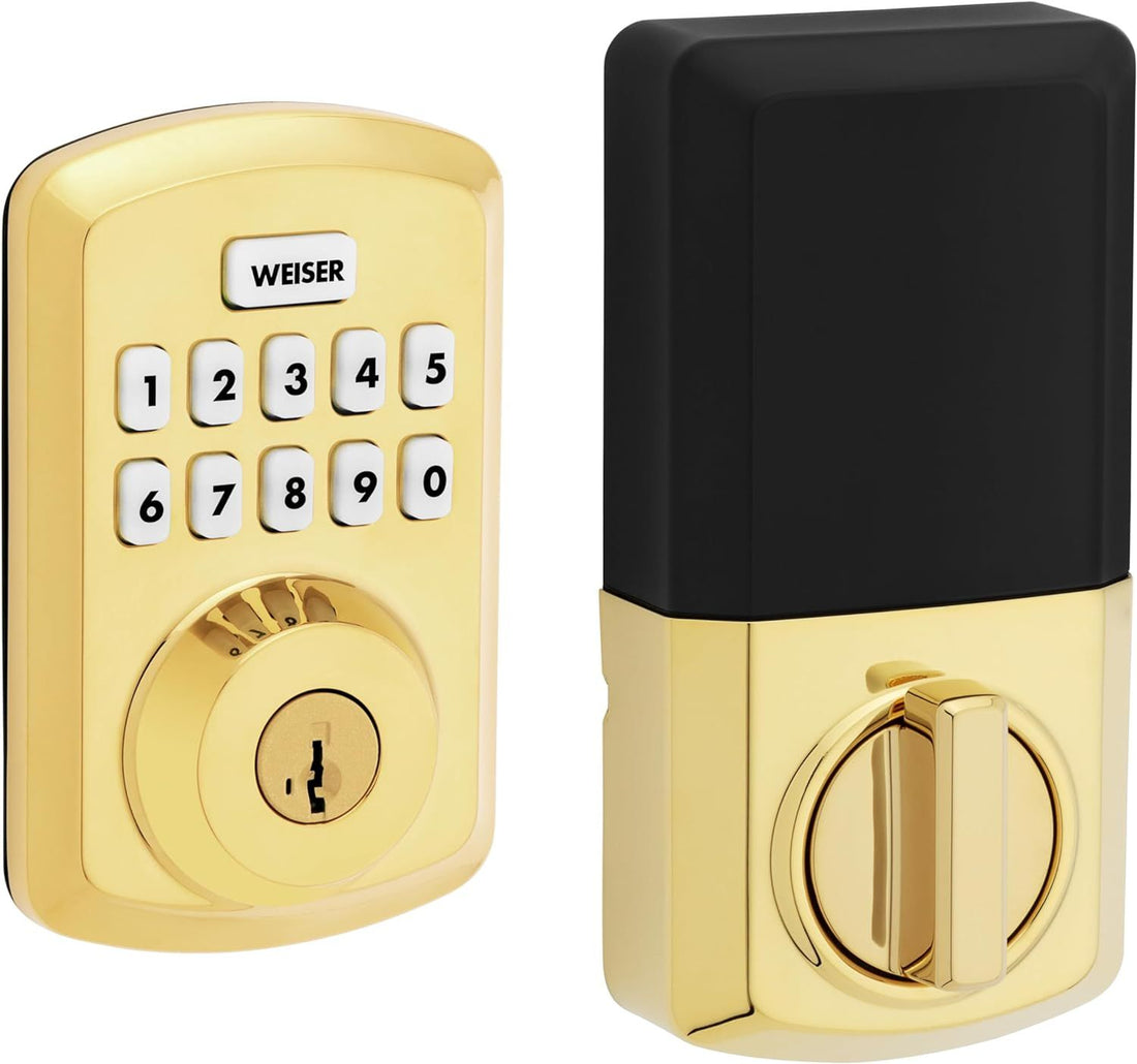 Weiser Powerbolt 3 Polished Brass Keyless Entry Door Lock/Deadbolt Lock, 10-Button Keypad Door Lock with Auto Lock and 12-Month Battery Life, Electronic Door Locks for Front Door, Home Décor