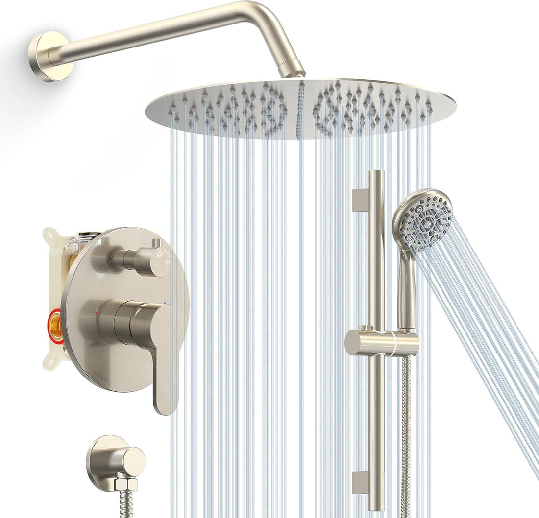 SR Sun Rise 12 Inch Shower System with Shower Slide Bar,Brushed Nickel | High Pressure Shower Head,6-Spray Settings,16\Adjustable Shower Slide Bar,Soild Brass,Wall Mount,Included Valve and Trim Kit