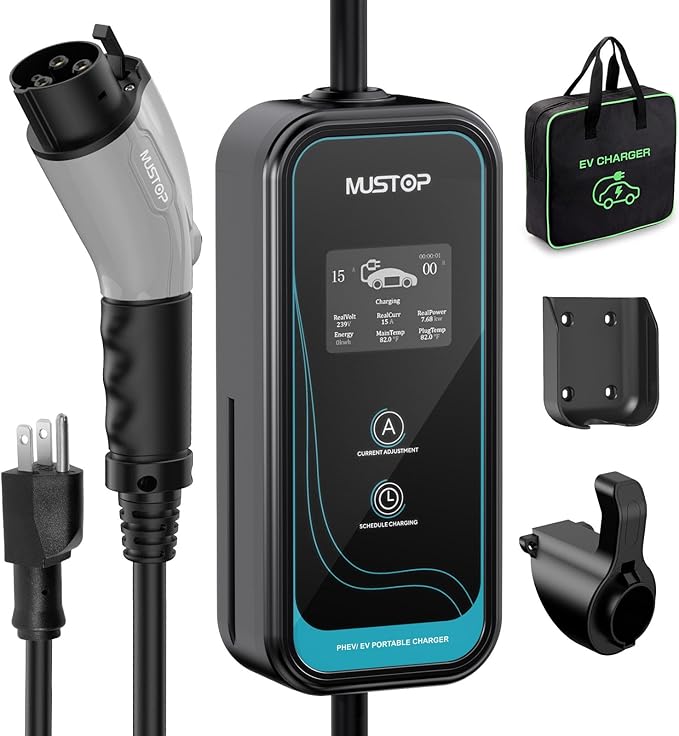 Mustop EV Charger Level 1 (NEMA 5-15 /15A /110V / 25ft),EVSE Adjustable Currents 6A-16A,IP65 Waterproof Home EV Charging Station, with LCD Screen and Timing Delay for All J1772 EVs
