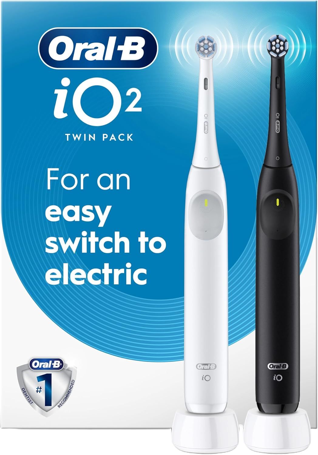 Oral-B iO2 Electric Toothbrush Twin Pack, for an Easy Switch to Electric, Black & White, Rechargeable Electric Toothbrushes, (2) iO Series 2 Power Toothbrushes and (2) Ultimate Clean Brush Heads