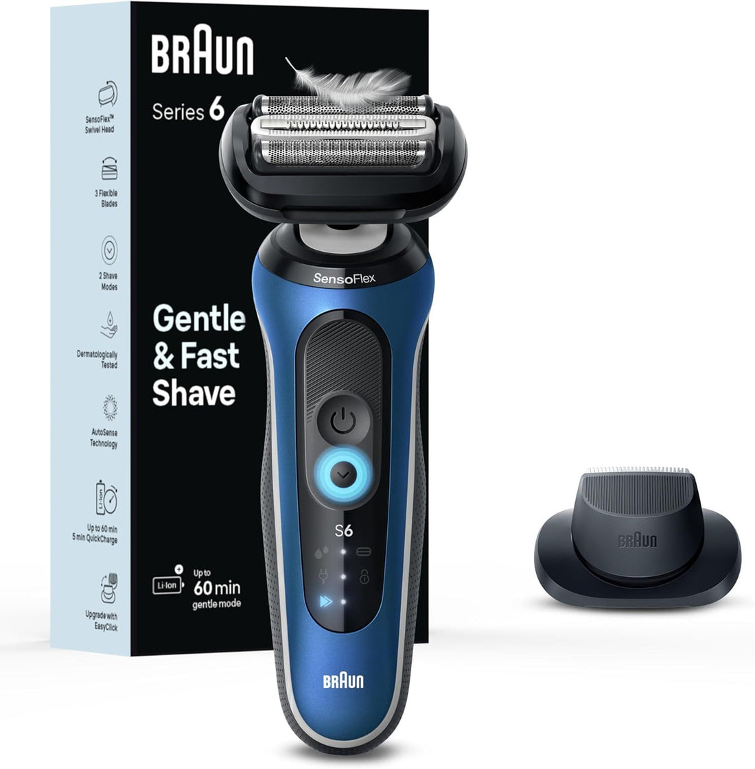 Braun Electric Razor for Men Series 6, Beard Shaver, Electric Shaver, GentleFlex, SkinGentle Foil, with Precision Trimmer, S6 6120s, 1 item