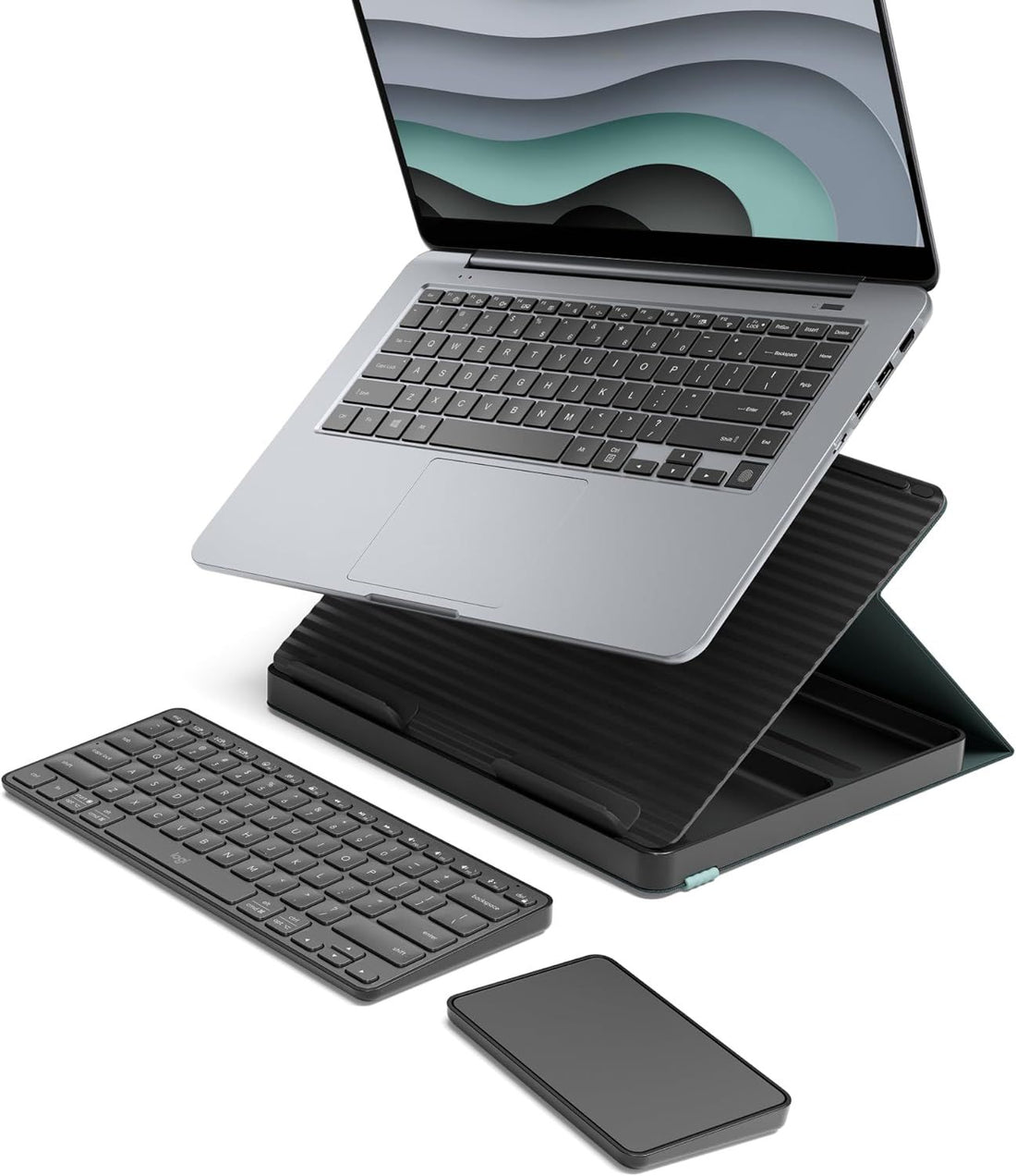 Logitech Casa Pop Up Desk Kit with Laptop Stand, Wireless Keyboard & Touchpad, Bluetooth, USB C Charging, for Laptop/MacBook (10” to 17”) - Windows, macOS, ChromeOS - Classic Chic, Green/Black