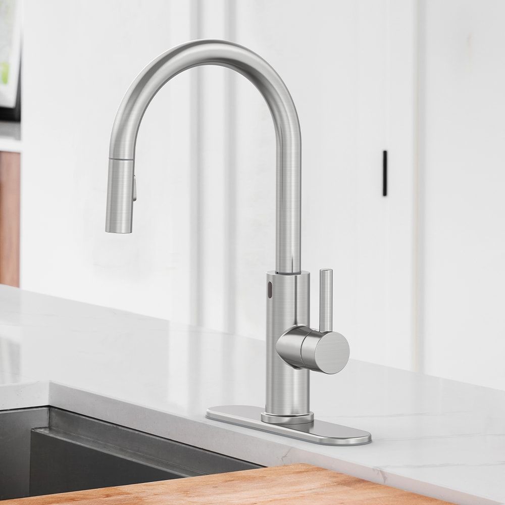 allen + roth Harlow Spot Free Stainless Steel Single Handle Deck-mount Touchless Pull-down Kitchen Faucet with Sprayer (Includes Deck Plate)