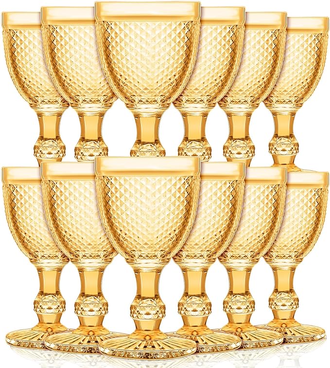 Bokon 12 Pack Wine Glasses Red Wine Glass Goblets High Clear Glass 10 oz Vintage Glass Goblet Embossed Diamond Design Glassware Goblet with Stem for Juice Liquor Party Wedding Bar(Amber)