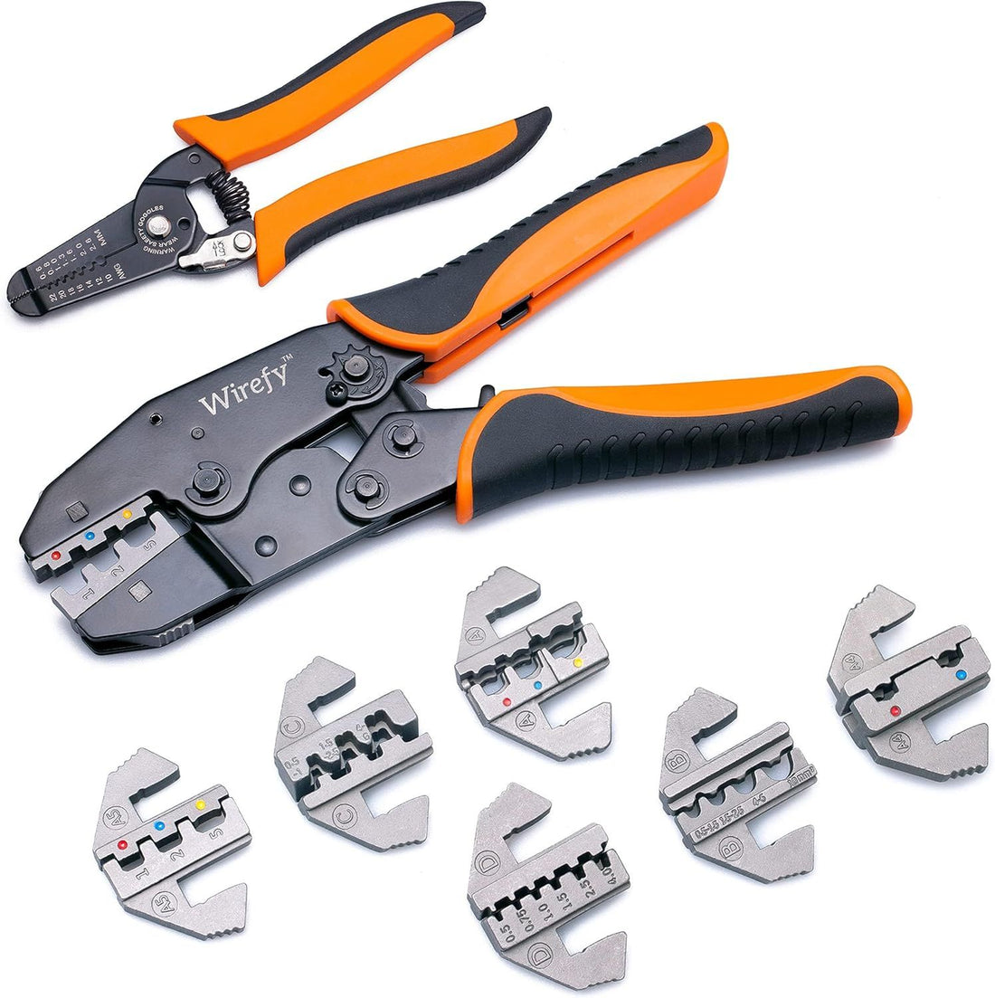 Wirefy Crimping Tool Set 8 PCS - Ratcheting Wire Crimper - Heat Shrink, Non-Insulated, Open Barrel, Flag, Ferrule Connectors