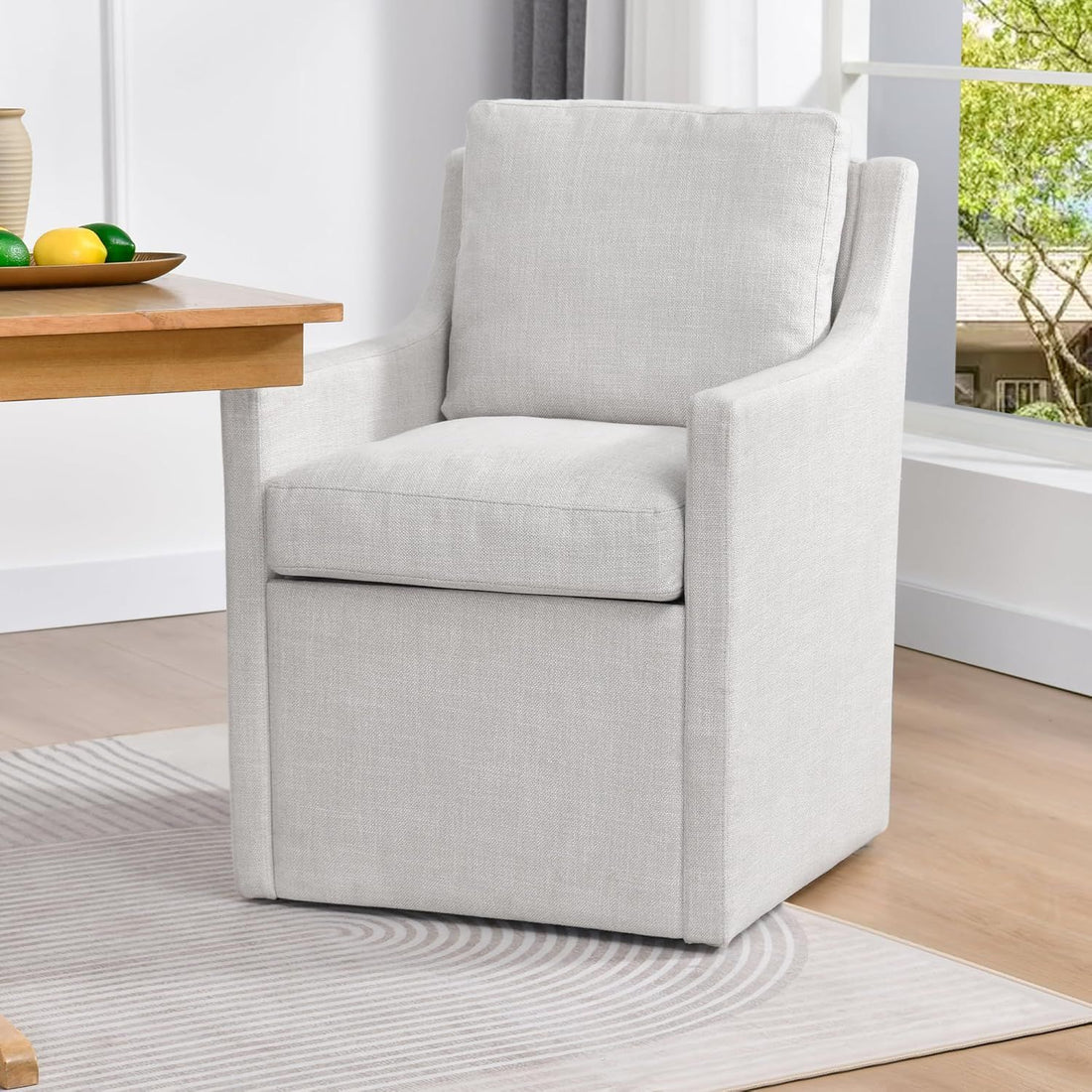 DUHOME Upholstered Dining Chair with Casters,Linen Armchair for Living Room,Side Deskchair with 4 Casters,Modern Accent Armchair with Rollers for Bedroom Reading Room Waiting Room Kitchen Dining Room