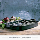 Merten & Storck Pre-Seasoned Carbon Steel Induction 15 x 11.5 Roasting Pan with Stainless Steel Roaster Rack, Oven Safe, Black
