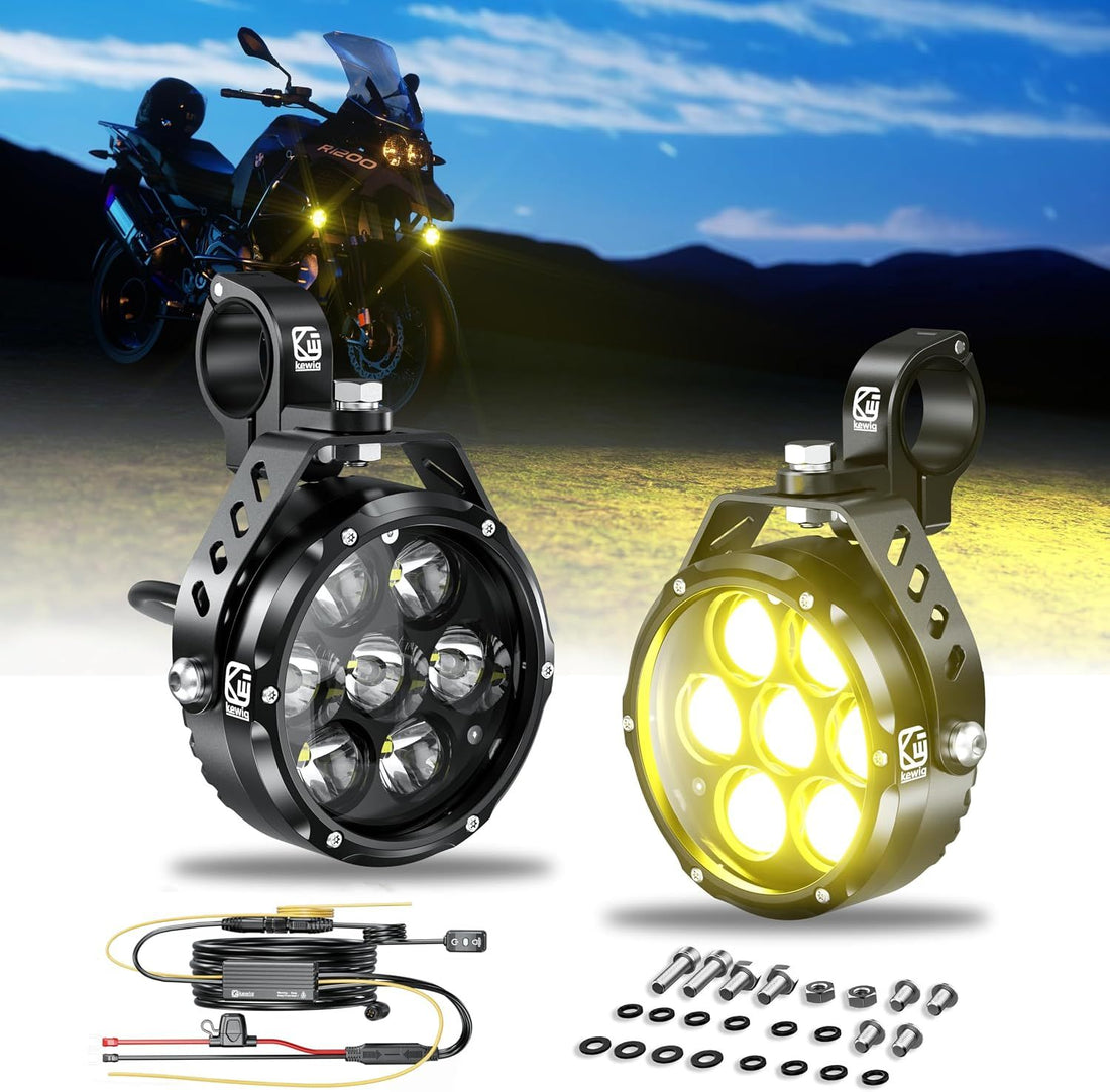 Kewig - 90W Motorcycle Additional LED Light Amber/Yellow White Auxiliary Headlights Two Tone Fog Lights with Wiring Harness Off Road Work Light Compatible with