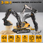 Remote Control Heavy Duty Excavator Toys for Boys, 3 in 1 RC Excavator with Metal Bucket, Rock Breaker and Grapples, 680° Rotatable Lights Sounds RC Construction Vehicle Toys for Boys